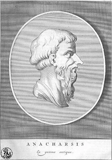 Portrait of Anacharsis the Scythian philosopher, an 18th-century Italian etching based on an ancient cut gem.