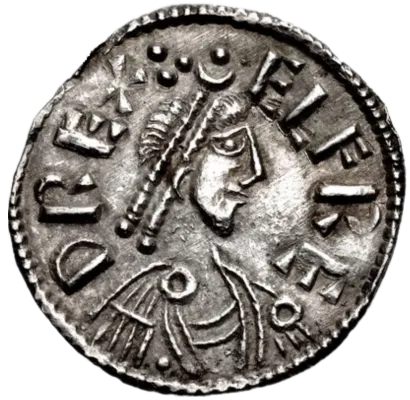 Silver penny minted during the reign of Alfred the Great, struck 875–880 AD (Cross-and-Lozenge type, London style). The coin features a diademed bust facing right with ELFRE D REX around.