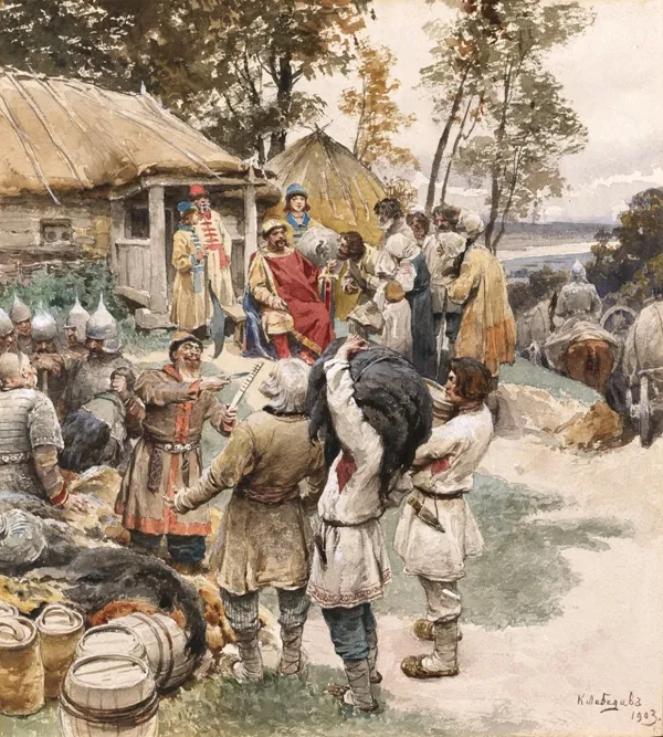 Russian knyaz Igor collects tribute from the Drevlyans in 945.
In Russian: Князь Игорь собирает дань с древлян в 945 году ("Полюдье")