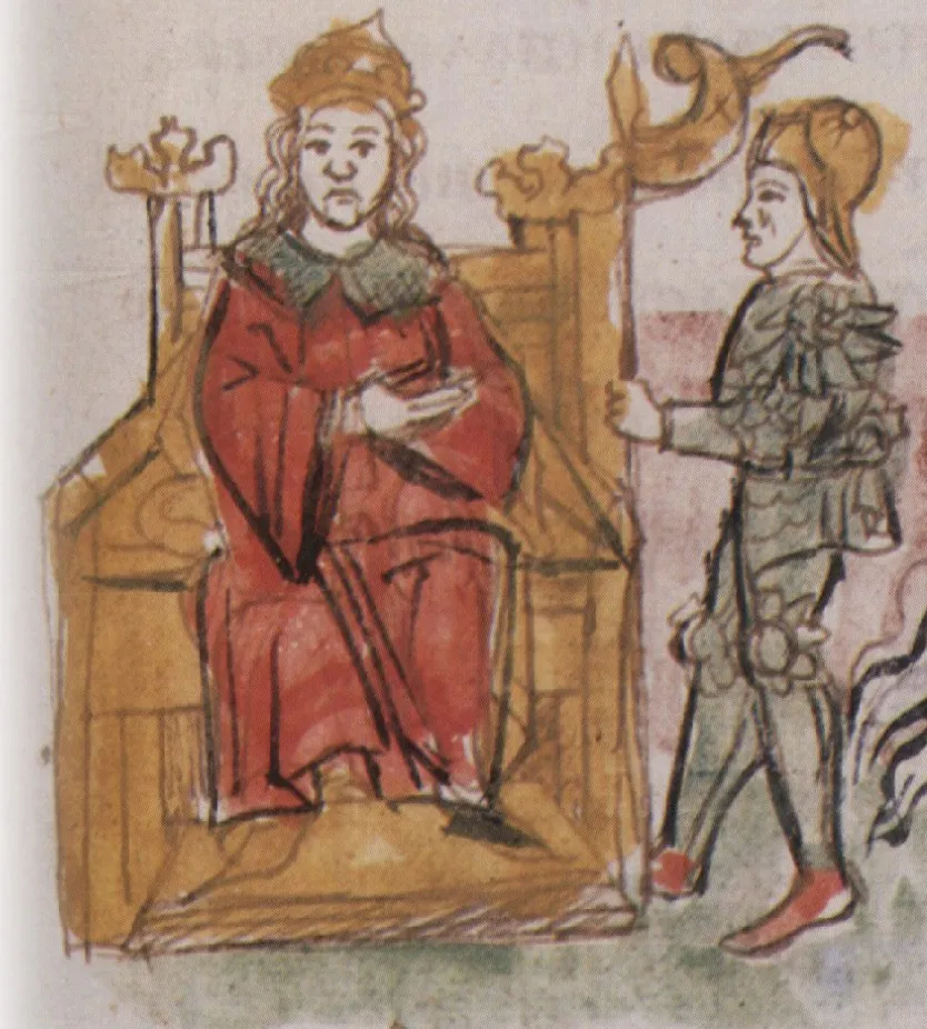 Prince Mstislav Vladimirovich on the throne of Novgorod, part of miniature from Radziwiłł Chronicle, 15th century (cropped from original: https://commons.wikimedia.org/wiki/File:%D0%92%D0%BE%D0%BA%D0%BD%D1%8F%D0%B6%D0%B5%D0%BD%D0%B8%D0%B5 %D0%9C%D1%81%D1%82%D0%B8%D1%81%D0%BB%D0%B0%D0%B2%D0%B0 %D0%92%D0%BB%D0%B0%D0%B4%D0%B8%D0%BC%D0%B8%D1%80%D0%BE%D0%B2%D0%B8%D1%87%D0%B0 %D0%B2 %D0%9D%D0%BE%D0%B2%D0%B3%D0%BE%D1%80%D0%BE%D0%B4%D0%B5; %D0%B2%D1%81%D1%82%D1%80%D0%B5%D1%87%D0%B0 %D0%98%D0%B7%D1%8F%D1%81%D0%BB%D0%B0%D0%B2%D0%B0 %D0%92%D0%BB%D0%B0%D0%B4%D0%B8%D0%BC%D0%B8%D1%80%D0%BE%D0%B2%D0%B8%D1%87%D0%B0 %D0%9A%D1%83%D1%80%D1%81%D0%BA%D0%BE%D0%B3%D0%BE %D0%B2 %D0%9C%D1%83%D1%80%D0%BE%D0%BC%D0%B5.jpg)