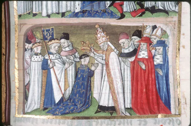 Coronation of Louis the Pious as king of Aquitane by pope Hadrianus I. Miniature from "Grandes Chroniques de France", made for Charles d'Anjou.