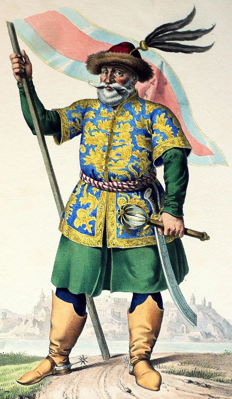 Buda, legendärer ungarischer Heerführer, Namensgeber von Budapest. Lithographie von Josef Kriehuber, ca. 1828, nach Moritz von Schwind. Aus "Ungerns erste Heerführer, Herzoge und Koenige. in einer Reihe vin Bildnissen von Bela bis auf sewine Majestat Franz I. Kaiser vob Oesterreich König von Ungern etc. etc. Wien Lithographisches Institut ca. 1830