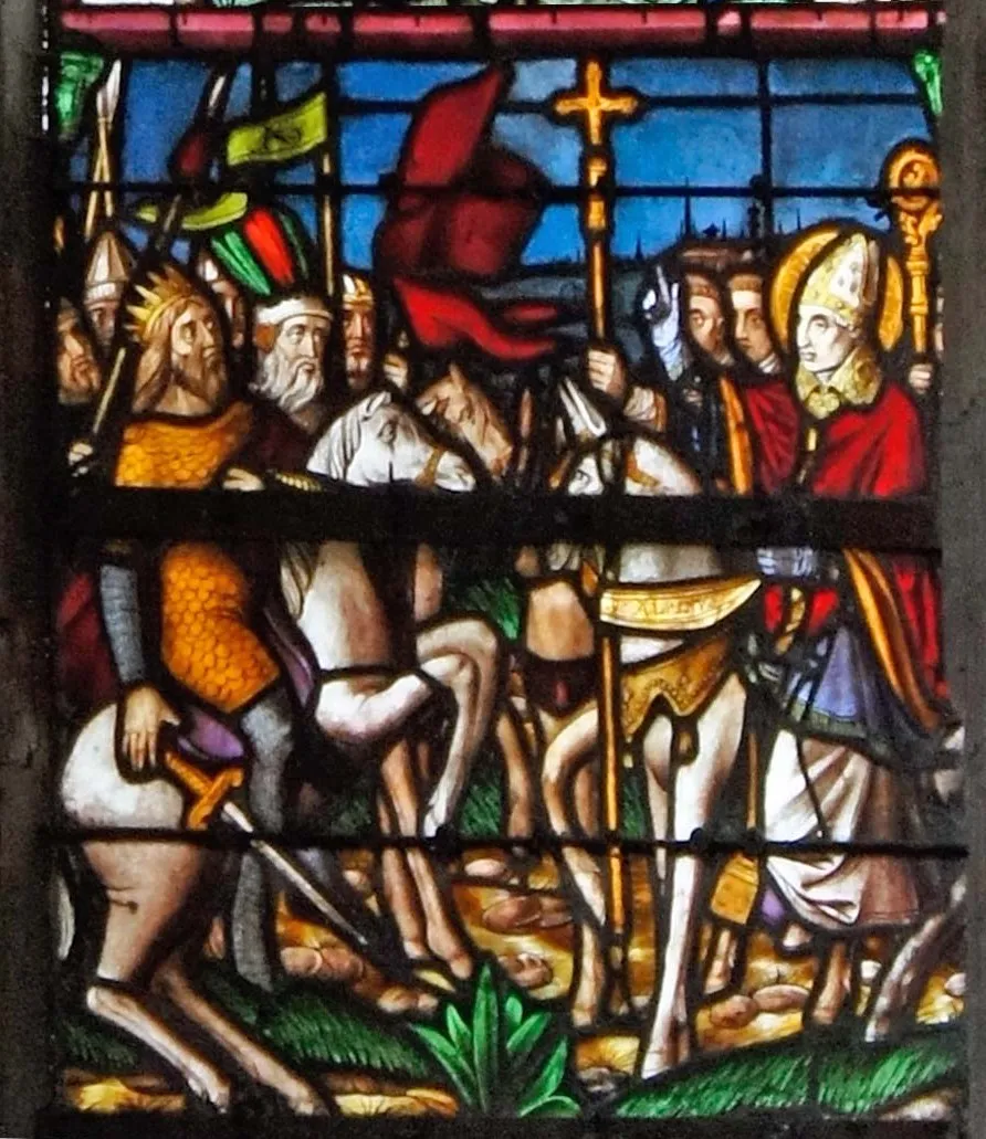 Alpin évêque de Chalons arrête Attila avant qu'il ne dévaste la ville. Vitrail de l'église saint-Alpin de Châlons.