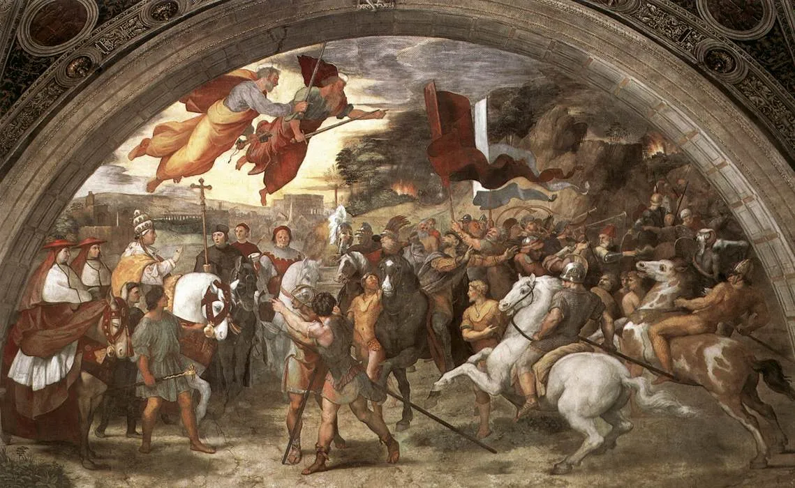 The  fresco  was completed after the death of Julius II (pontiff from 1503 to 1513), during the pontificate of his successor Leo X (pontiff from 1513 to 1521). In fact the latter appears twice in the same scene, portrayed in the guise of Pope Leo the Great and as cardinal. According to legend, the miraculous apparition of Saints Peter and Paul armed with swords during the meeting between Pope Leo the Great and Attila (452 A.D.) caused the king of the Huns to desist from invading Italy and marching on Rome.[1]