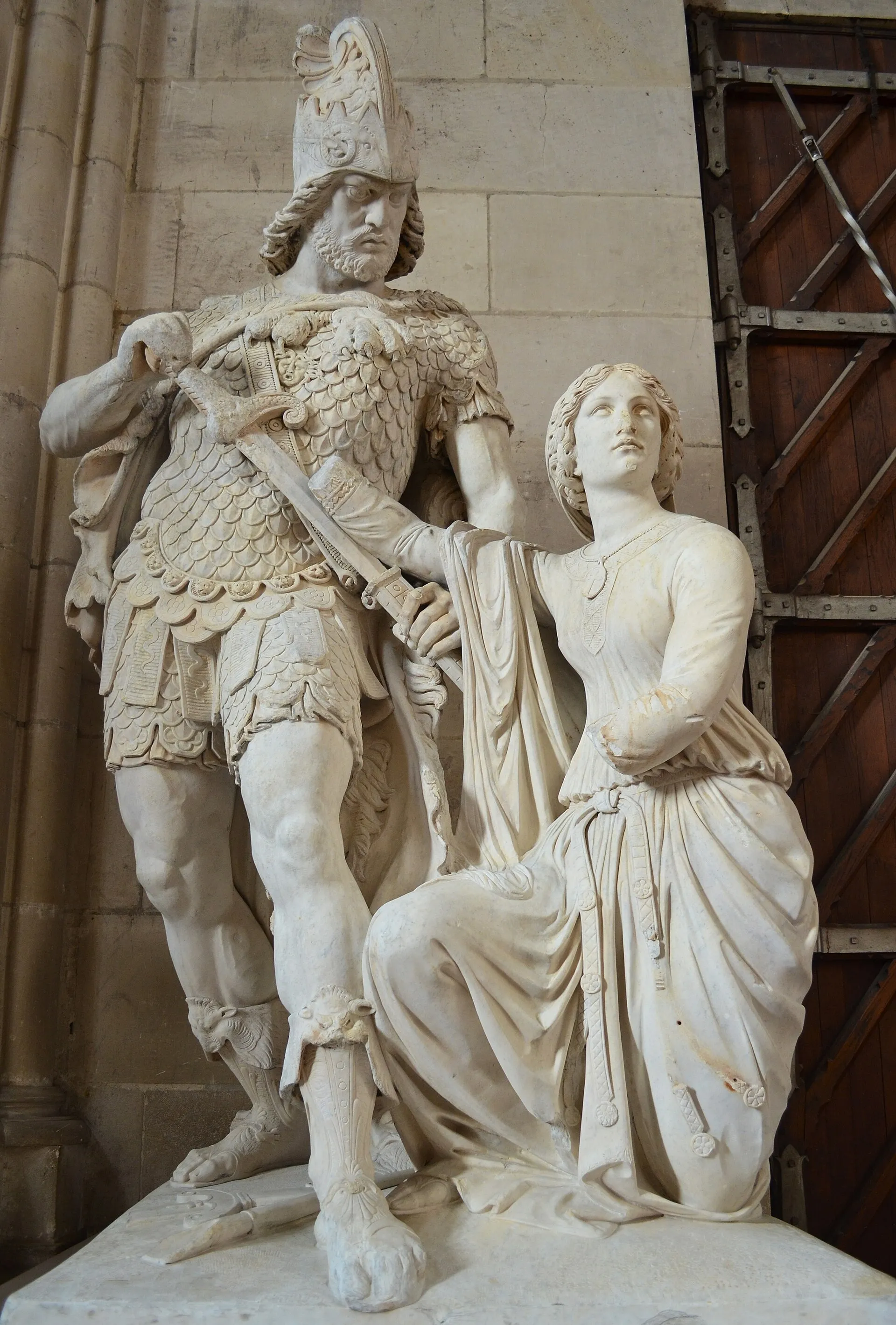 Praying Sainte Genevieve disarm Attila - Sculpture by Etienne-Hippolyte Maindron (1857), exhibited in Notre-Dame church, Cholet, France