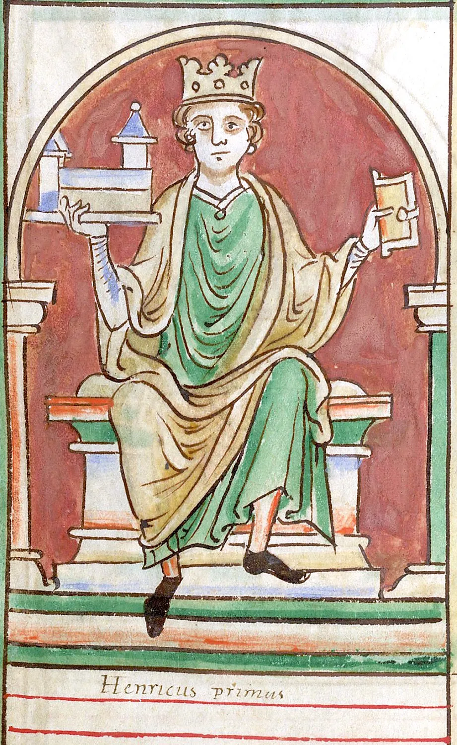 Miniature from illuminated Chronicle of Matthew Paris (1236-1259), from BL MS Cotton Claudius D. vi, f.9, showing Henry I of England enthroned. Held and digitised by the British Library.