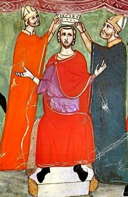 Manfred is crowned King of Sicily in Palermo (1258). Minature from Nova Cronica by Giovanni Villani. ms. Chigiano L VIII 296, fol. 85r, Vatican Apostolic Library