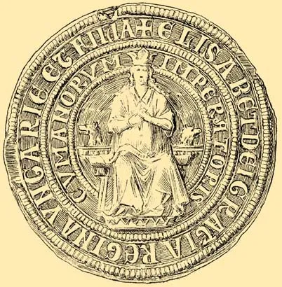 The double seal of Queen Mother Erzsébet Kun, wife of István V. On the obverse is the figure of the queen sitting on a throne, with an open crown on her head. Circular (in the outer circle:) + ELISABET DEI GRACIA REGINA VNGARIE ET FILIA (continued in the inner circle:) IMPERATORIS CVMANORVM; translates: "ELIZABETH, BY THE GRACE OF GOD, QUEEN OF HUNGARY AND DAUGHTER OF THE EMPEROR OF THE CUMANIANS". From the original copy of the national archive.