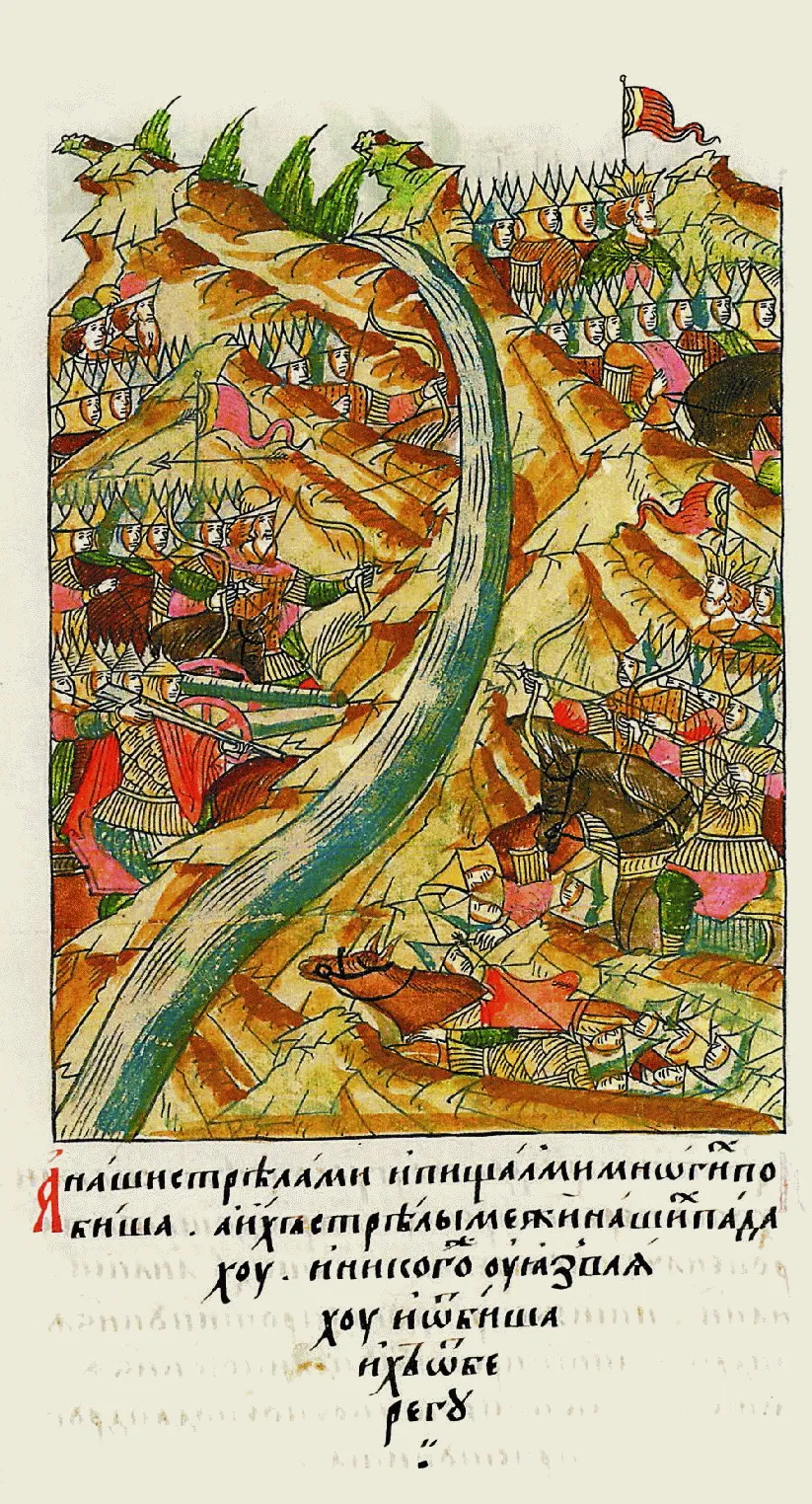 Standing on the Ugra river. 1480. Miniature in Russian chronicle. XVI century. ‘And our men had beaten many foes with arrows and muskets, and their arrows had fallen between our men, and had nobody hurting, and had repelling them off the shore’.