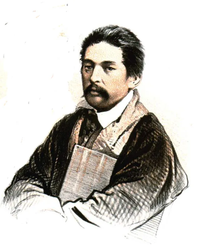 Казахский этнограф Мухаммед-Салих Бабаджанов (1834-1871). Рисунок сделан в 1861 году с фотографии делегации представителей киргиз-кайсацких орд в С.-Петербург в связи со сменой ведомства подчинения  (Министерства госимуществ на Министерство внутренних дел). Рисунок был опубликован в "Русском художественном листке" №21 от 20 июля 1861 года