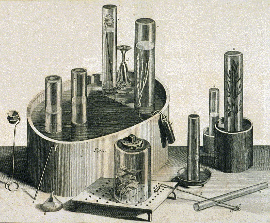 Pneumatic trough, and other equipment, used by Joseph Priestley