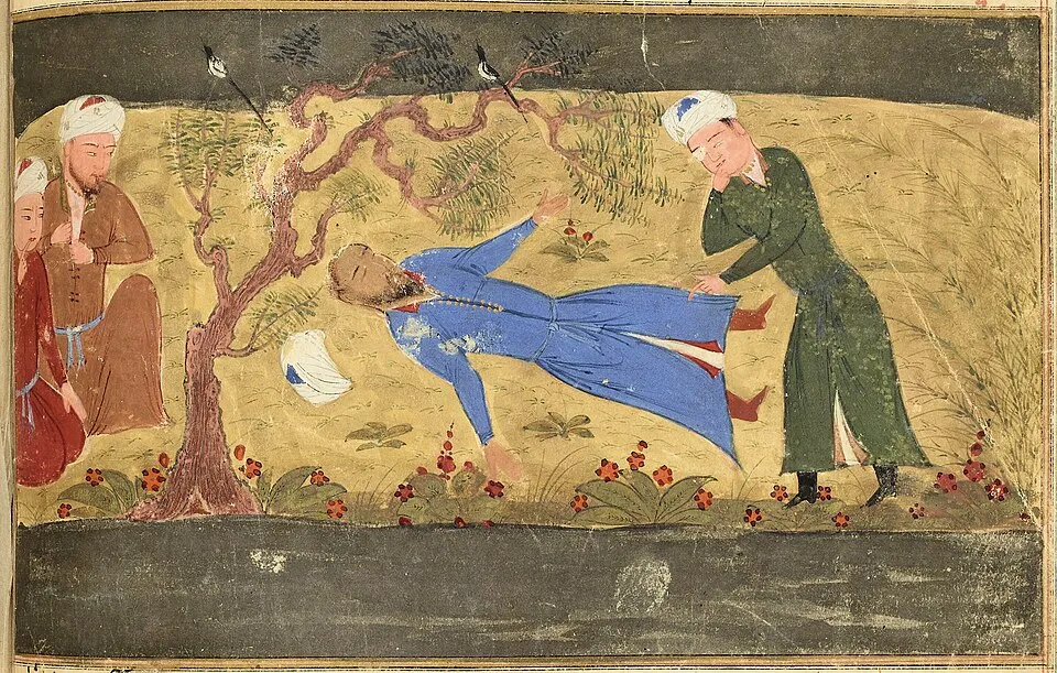 Death of Muhammad II of Khwarezm. Jami' al-tawarikh, Rashid al-Din.