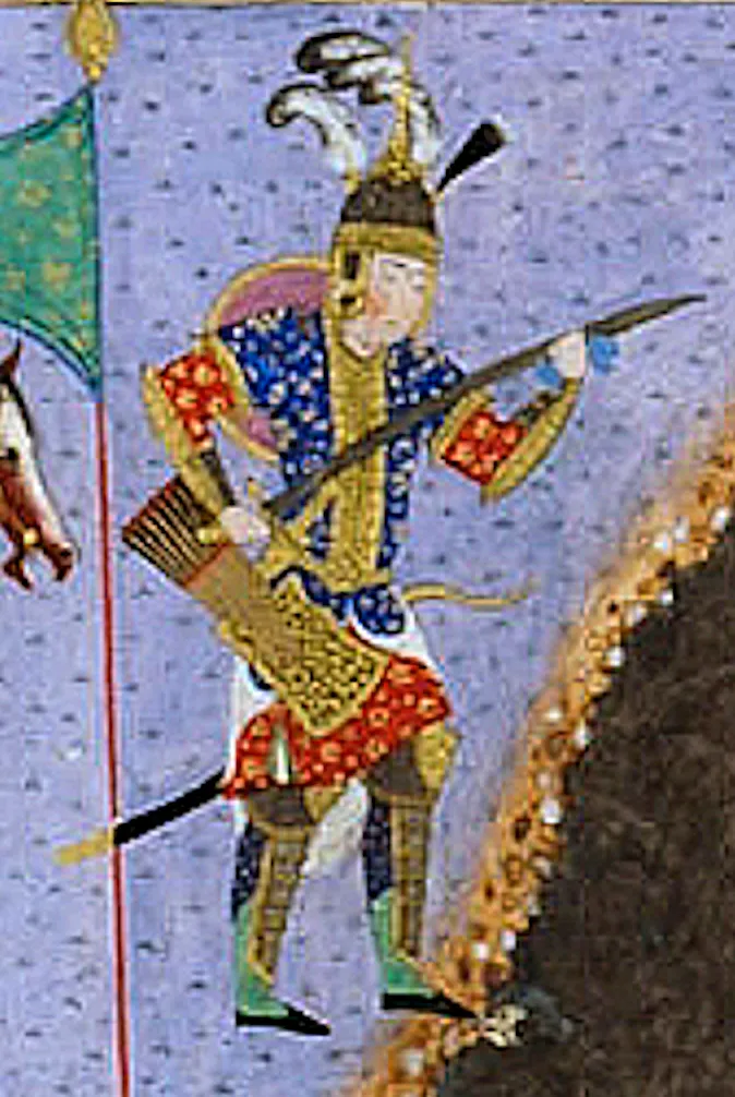 Jalal al-Din Khwarazmshah confronts Chinggis Khan across the Indus. Rashid al-Din, Jami‘ al-tawarikh, National Library of Russia, St Petersburg, MS. Dorn 289, fols. 125v–126r (Jalal al-Din Khwarazmshah with weapons)