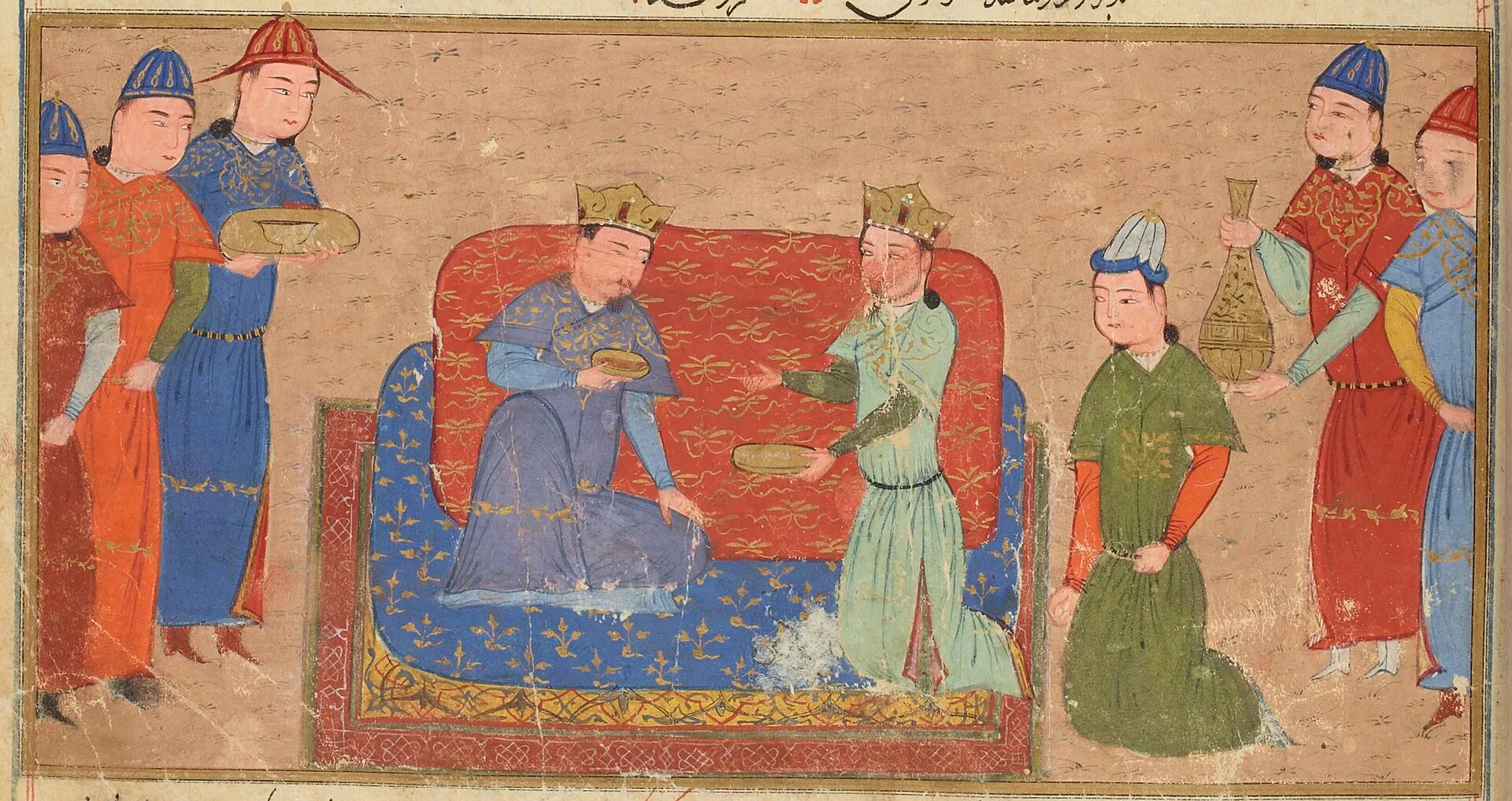Genghis Khan and Wang Khan. Illustration from the manuscript Jami' al-tawarikh, written by Rashid al-Din. 15th century, Iran.