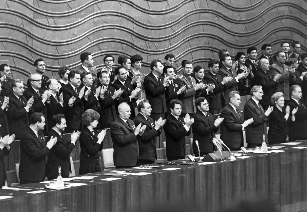 “Young Communist League Central Committee holds plenary session”. CPSU General Secretary Leonid Brezhnev, center, presiding a plenary session of the Young Communist League Central Committee dedicated to the organization's 50th Anniversary, at the Kremlin Palace.