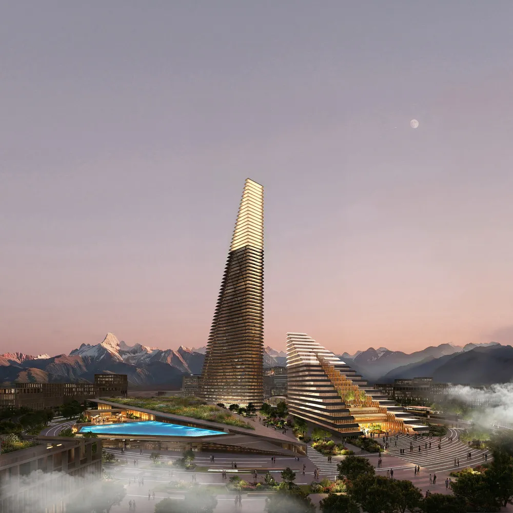 Концепт дизайна небоскреба Iconic Towers в городе Алатау разработала американская компания Skidmore, Owings & Merrill (SOM)