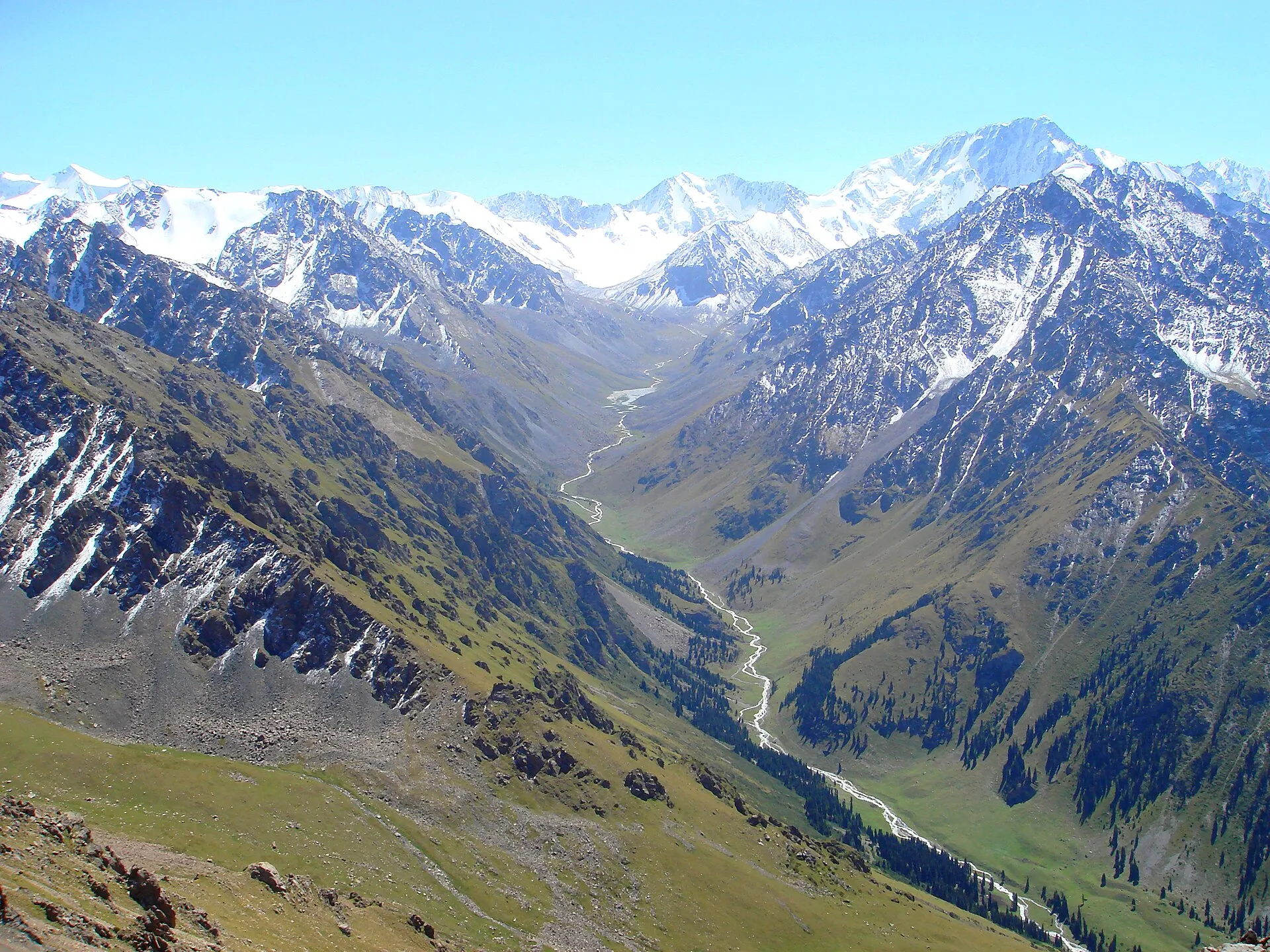 The Terskey Ala-Too mountain range and the Köl-Tör Valley viewed from a pass under the Bear Mountain top (Issyk Kul Province, Kyrgyzstan).