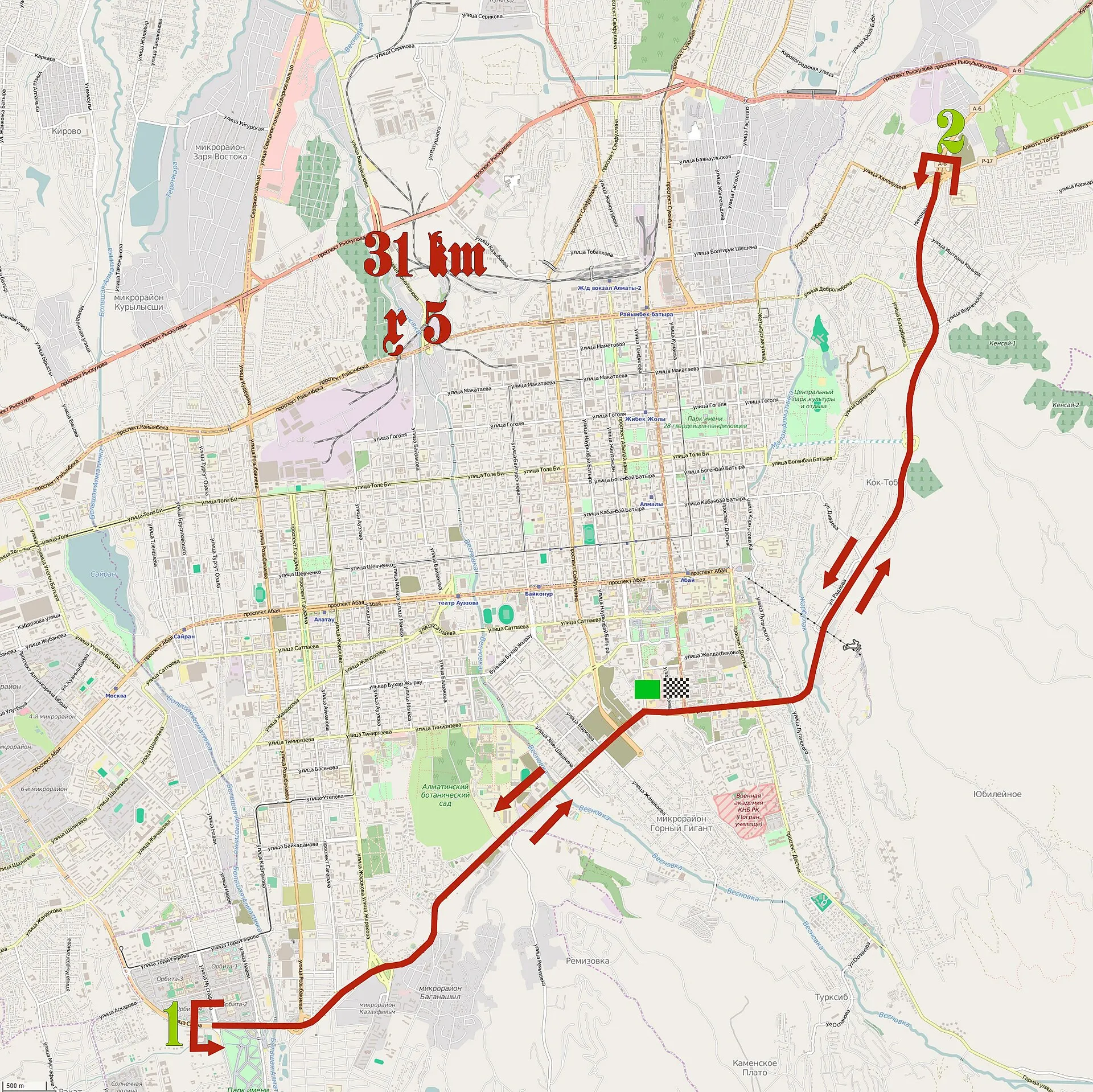 Parcours du Tour d'Almaty 2013.This map was created from OpenStreetMap project data, collected by the community. This map may be incomplete, and may contain errors. Don't rely solely on it for navigation.