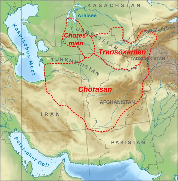 Karte der historischen Regionen Chorasan, Transoxanien und Choresmien auf einer Kartengrundlage mit aktuellen Staatsgrenzen. Verwendete Quellen:

Putzger Historischer Atlas
Kettermann Atlas zur Geschichte des Islam
Brice An Historical Atlas of Islam
sowie Beschreibung der Regionen in den jeweiligen Artikeln.