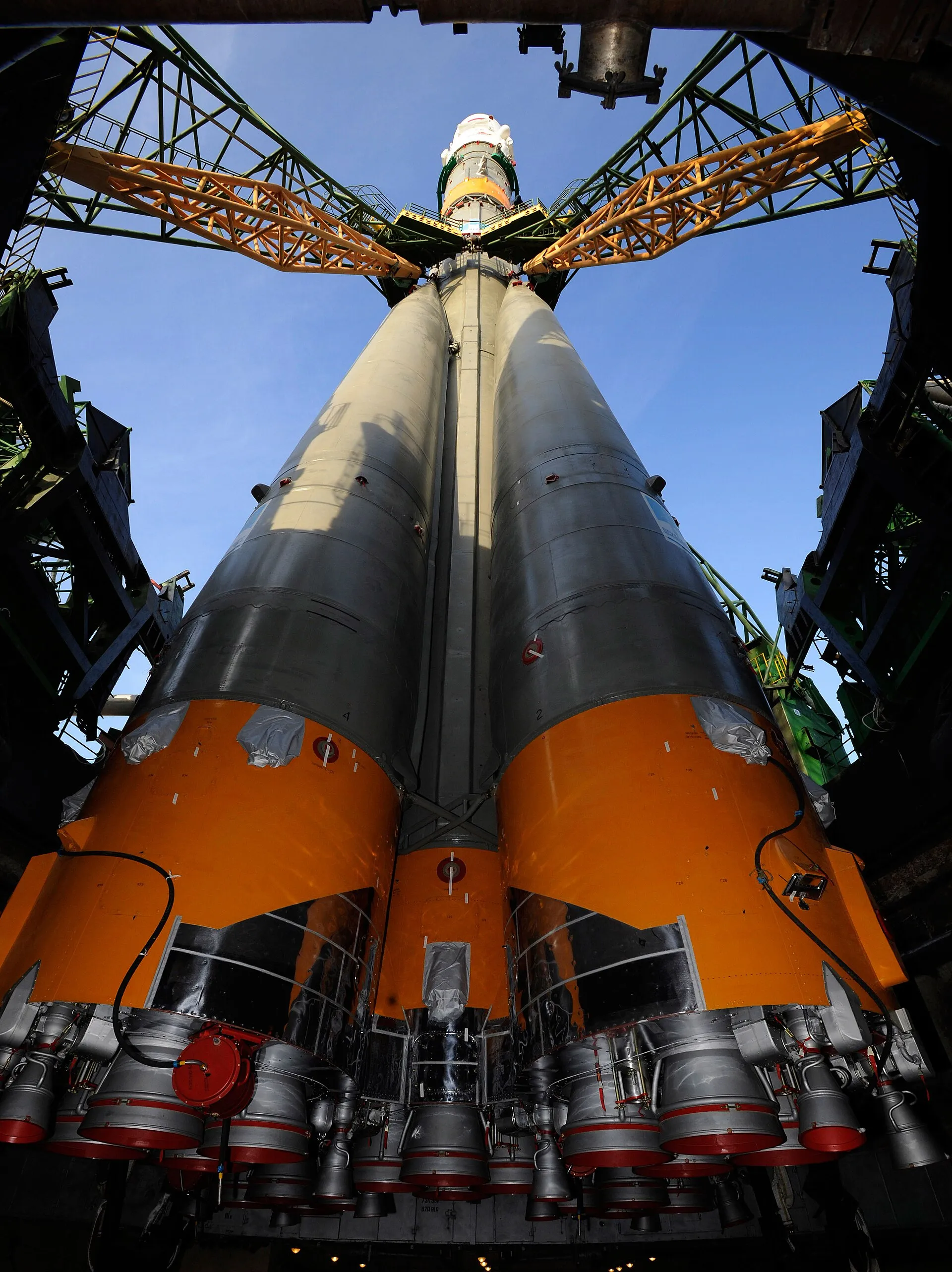 The Soyuz TMA-13 spacecraft arrives at the launch pad at the Baikonur Cosmodrome in Kazakhstan, Oct. 10, 2008 for launch Oct. 12 to carry NASA astronaut Michael Fincke, Expedition 18 commander; Russian Federal Space Agency cosmonaut Yury Lonchakov, Soyuz commander and Expedition 18 flight engineer; and American spaceflight participant Richard Garriott to the International Space Station. The three crew members will dock their Soyuz to the International Space Station on Oct. 14. Fincke and Lonchakov will spend six months on the station, while Garriott will return to Earth Oct. 24 with two of the Expedition 17 crewmembers currently on the station.