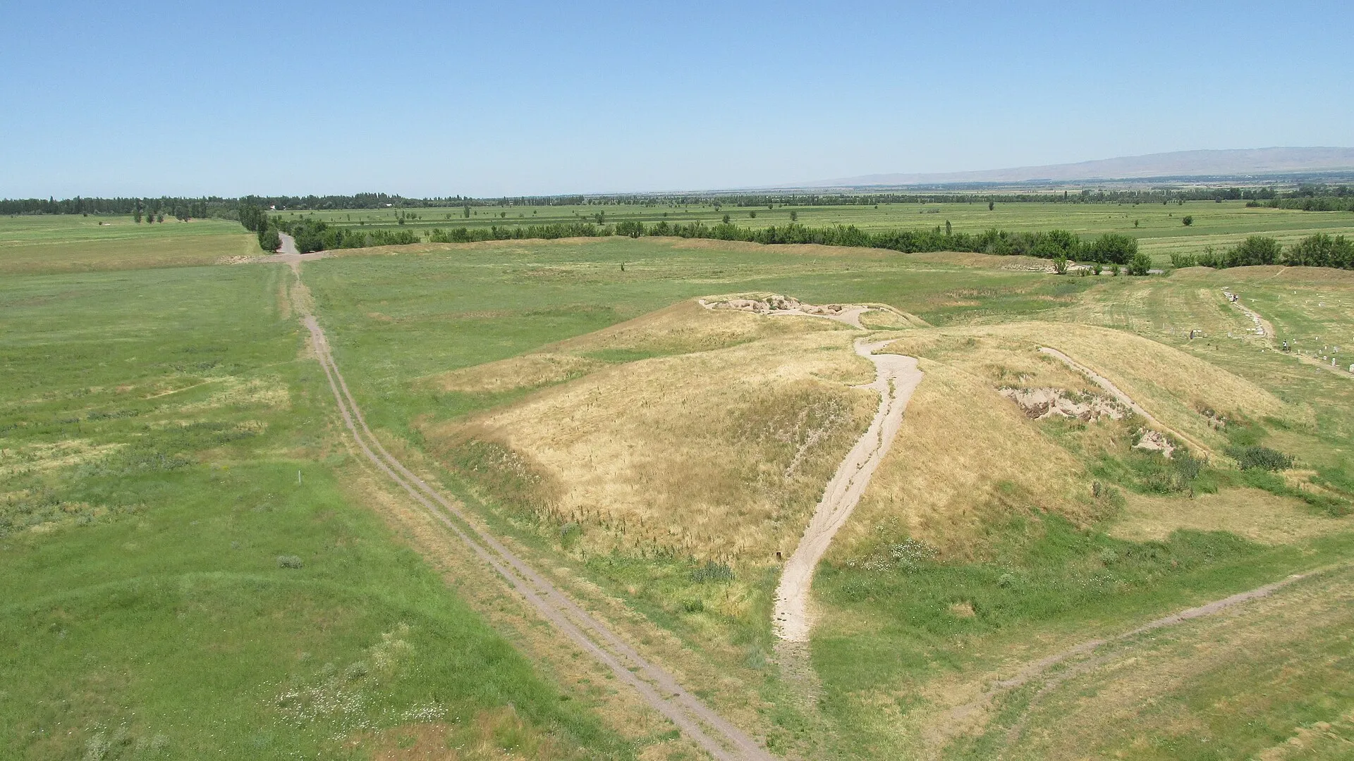 Ruins of Balasagun: central mound and city walls viewed from Burana tower.