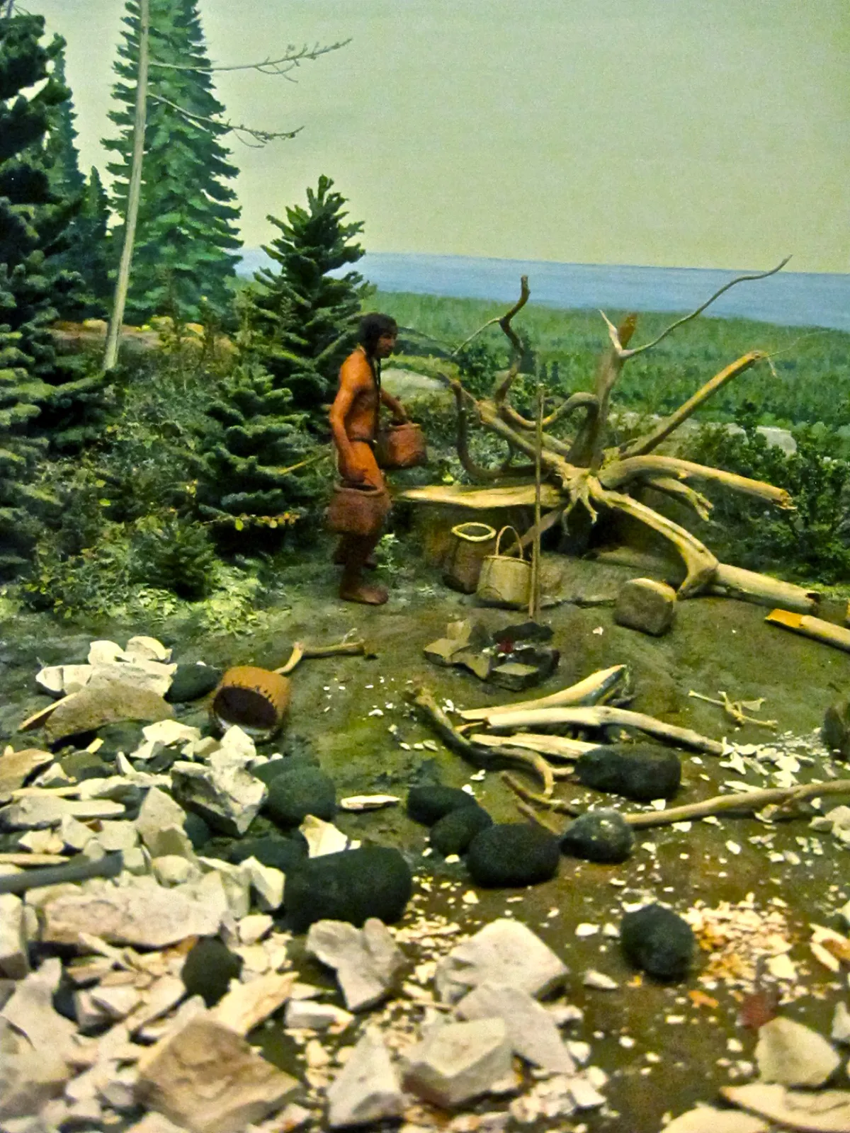 This diorama shows Anishanabe people mining copper near Lake Superior between 3000 BCE and 1500 CE. 
By 3000 BCE and continuing until at least 1500 CE, Native Americans mined naturally-occuring copper on Lake Superior's Isle Royale and the Keweenaw Peninsula. Ancient copper miners used large stones as tools to crush the rock surrounding the natural deposits. Ancient copper mining pits are still visible today.

Credits
Dioramas in the Exhibit Museum of Natural History created by Dr. Robert S. Butsch, a zoologist and museum preparator for the Museum in Ann Arbor, Michigan.
These dioramas are being removed from view by the museum.