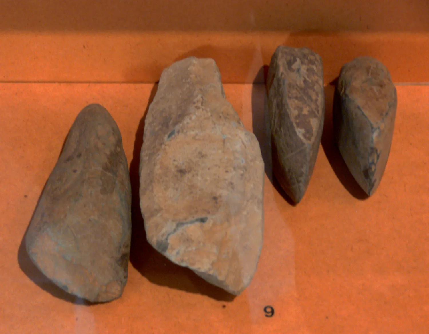 Ebauches de haches et haches polies du néolithique découverts lors de sondages au « camp de César » à Chariez (Haute-Saône) effectués par la Salsa. Vesoul, musée Georges-Garret