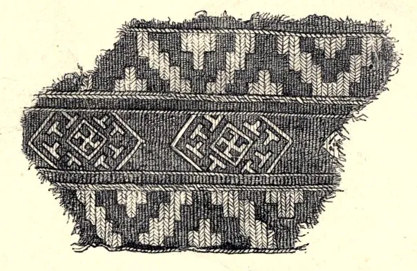 Drawing of a strip of Iron Age cloth found in Denmark. The source notes: "From a female grave near Randers, of the tenth century, were taken out pieces of woolen cloth, with gold and silver thread woven into it, and trimmed with red silk. The occurrence of the swatikas, or Thor's mark, surrounded by the sign of Thor's hammer, makes it not improbable that these stuffs were woven in the North itself."