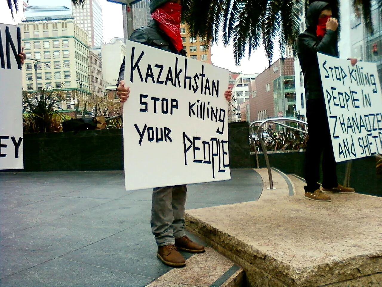 Protesters at Union Square in San Francisco holding a demonstration criticizing the government of Kazakhstan's response to the recent 2011 Mangystau riots.