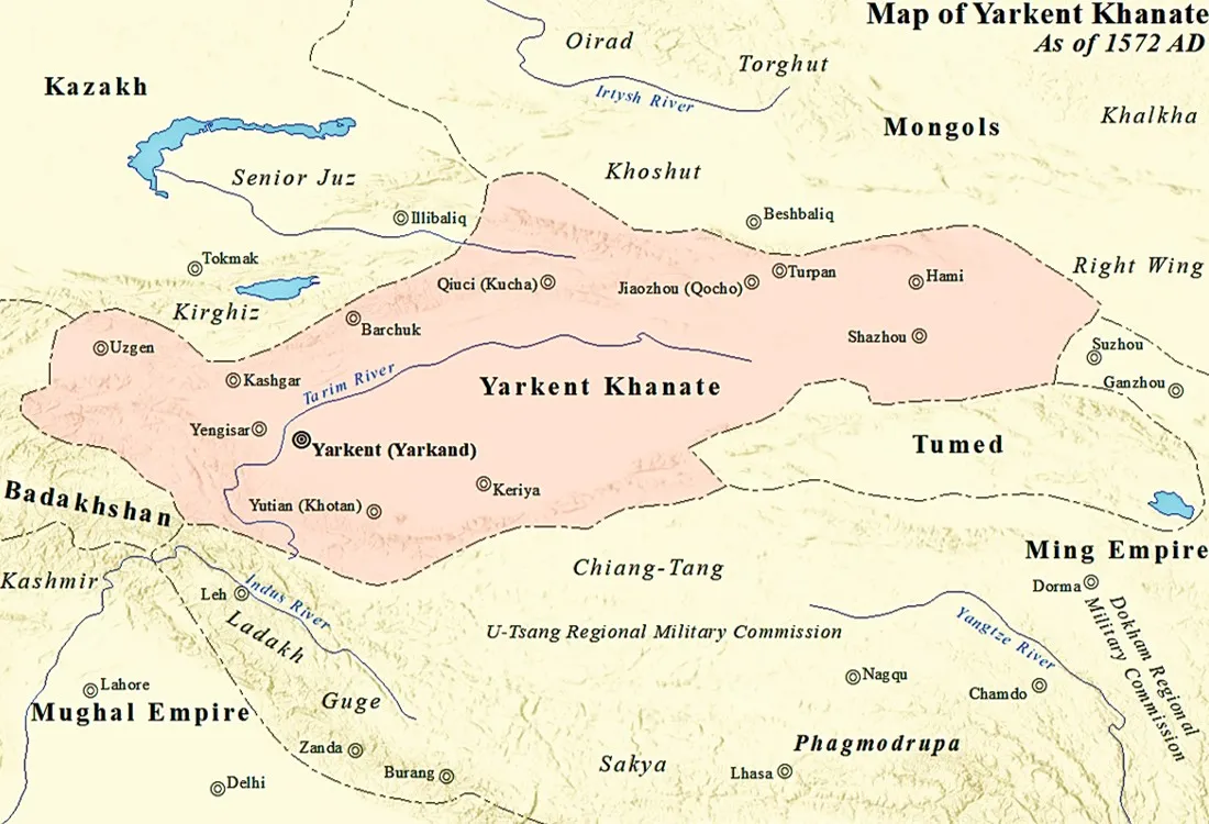 Map of the Yarkent Khanate at its greatest extent (as of 1519 AD)