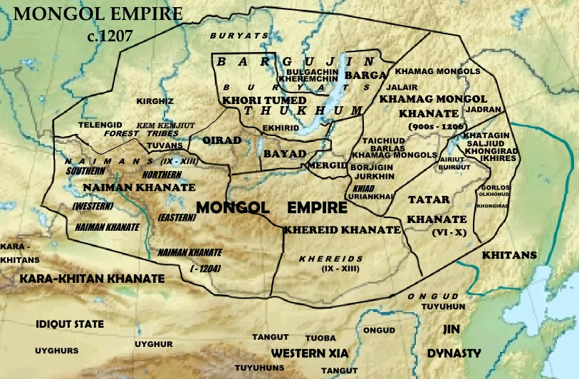 Map of the homelands of the tribes of the Mongol Empire in 1207 and preceding polities. Based on File:Asia laea relief location map.jpg.