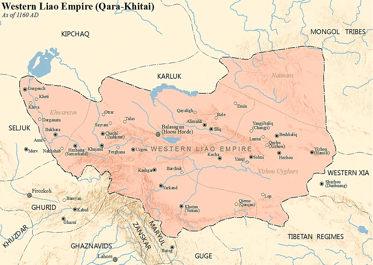 Map of Western Liao (Qara Khitai) Empire as of 1160 AD when it was at the greatest extent.