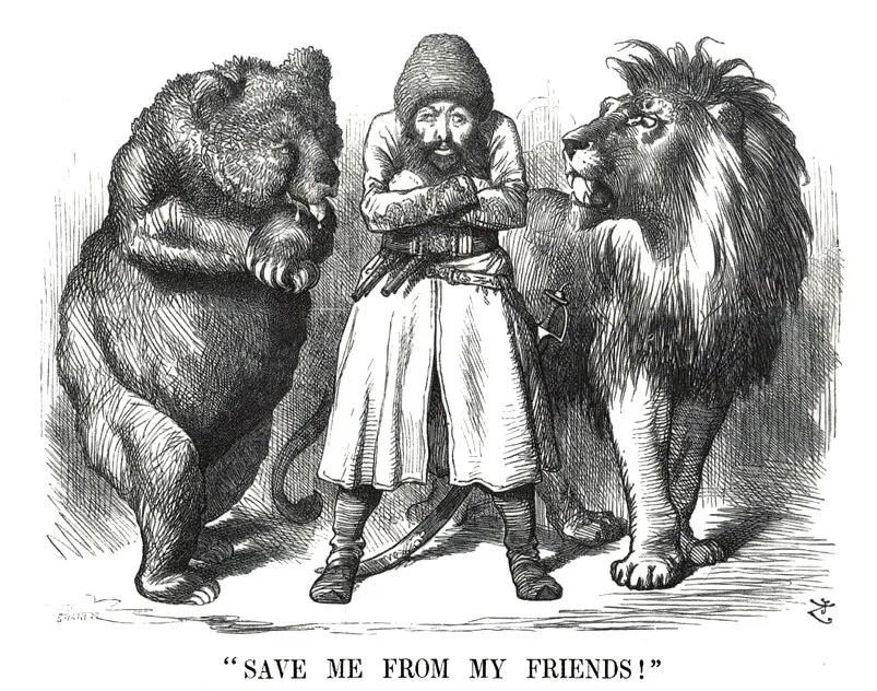 The Great Game: the afghan Emir Sher Ali Khan with his "friends" Russia and Great Britain. Text: "Save me from my friends."