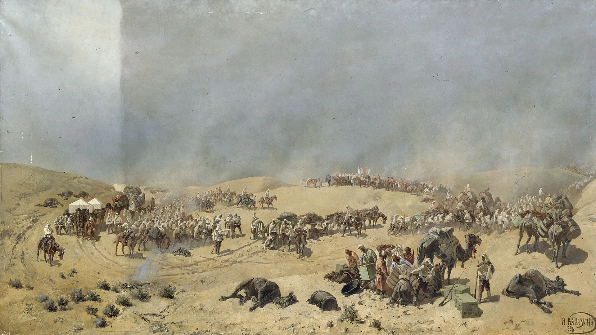 Khiva campaign of 1873. Russian troops are crossing the death sands to the wells of Adam-Krylgan, 1888, Oil on Canvas