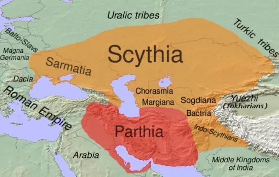 Historical spread of Iranian peoples/languages: Scythia, Sarmatia, Bactria and the Parthian Empire in about 170 BC (evidently before the Yuezhi invaded Bactria). Modern political boundaries are shown to facilitate orientation.