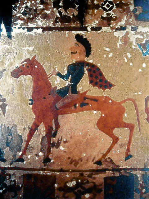 Pazyrik horseman: Circa 300 B.C.E.; Detail from a carpet - 5-4th century B.C.E.- in the State Hermitage Museum, in St Petersburg. (see e.g. this image)