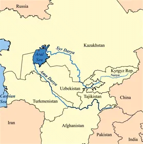 This is a map of area around the Aral Sea including the Amu Darya and Syr Darya rivers. The Aral Sea boundaries are circa 1960 but the political boundaries are the present-day ones. Countries that are at least partially in the Aral Sea watershed are in yellow.
