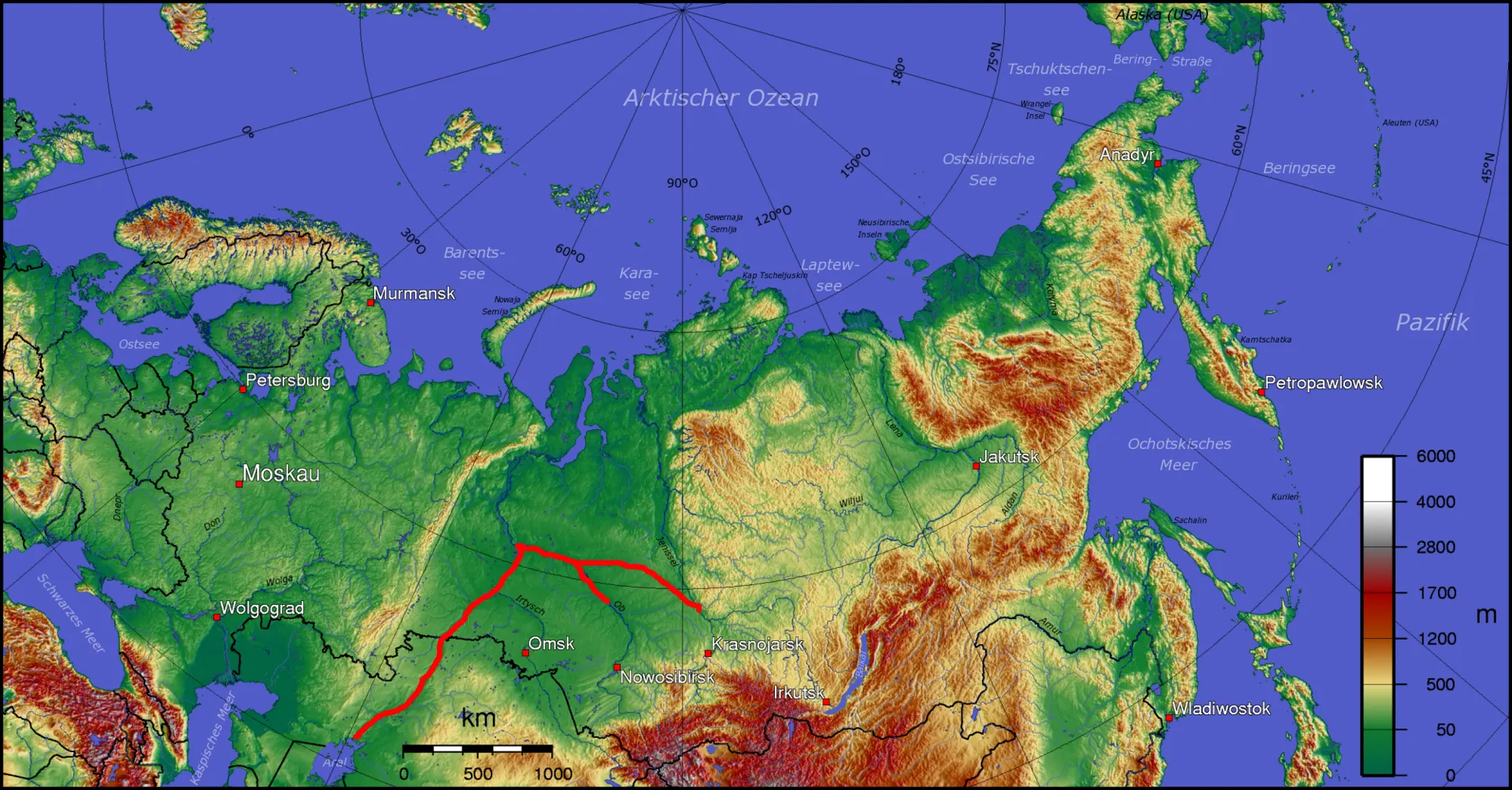 One of the versions (probably, 1960s vintage) of the Russian Northern Rivers Diversion plan. The scheme depicted involves transfer of water from the Yenisei into the Ob, and piping water upstream from the Ob via Irtysh and Ishim, and then a canal, toward the Aral Sea. An actual implementation would also see a canal skirting the Aral Sea from the east (not shown on this map), to bring water to the Syr Darya and Amu Darya. Russia.