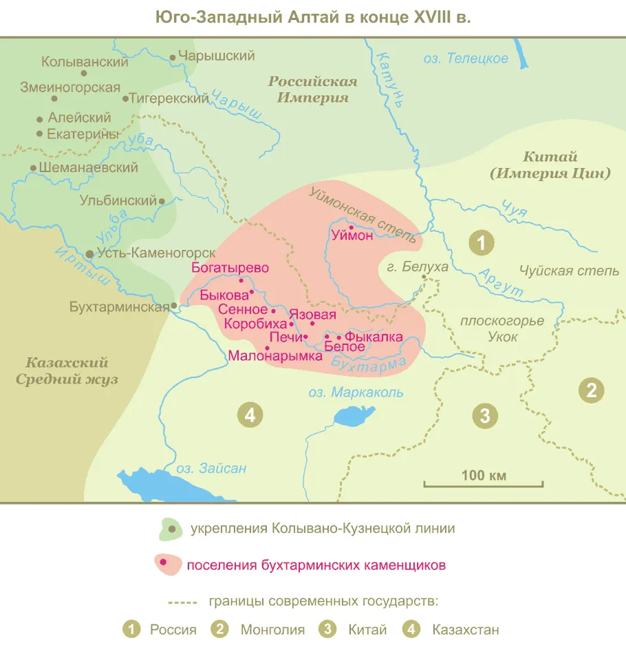 Карта расселения бухтарминских каменщиков в конце 18 века