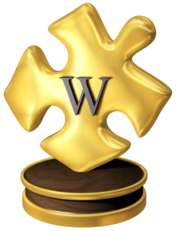 Wikipedia puzzle piece trophy golden variation (second version) ; used as an Wikiconcours icon for 2006 edition and for the ten years edition in october 2016.