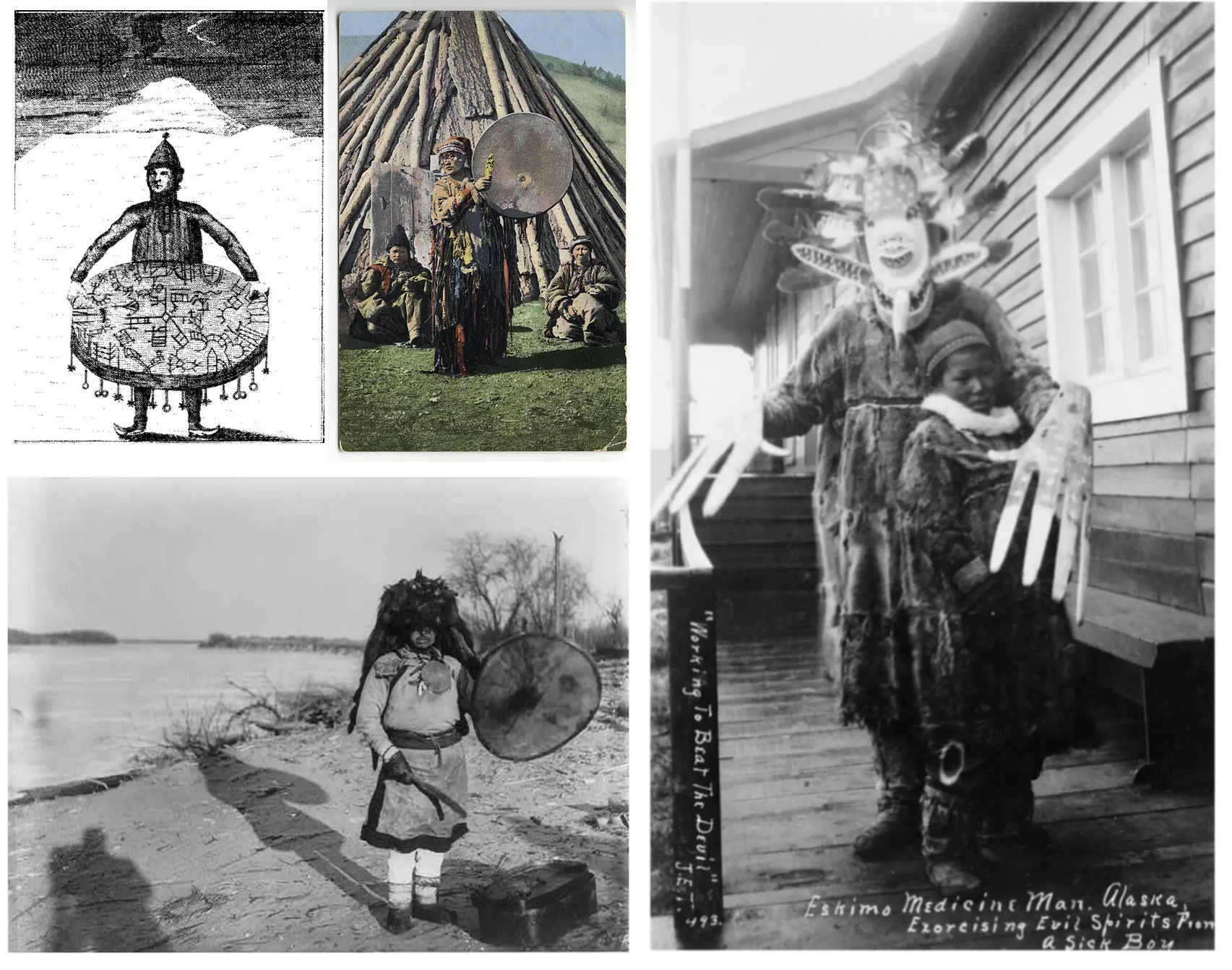 Shamanism is a very general (sometimes even debated) concept, comprising mediator-role figures of several different cultures, with great diversity. That is why this image is a tableau. It is created to be a lead image of Wikipedia's Shamanism article.