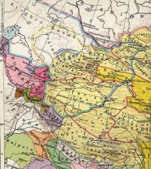 Detail of a map of the Qing Empire in 1760 during the reign of the Qianlong Emperor showing Northern India, Tibet, and Xinjiang (including the Dzungars)