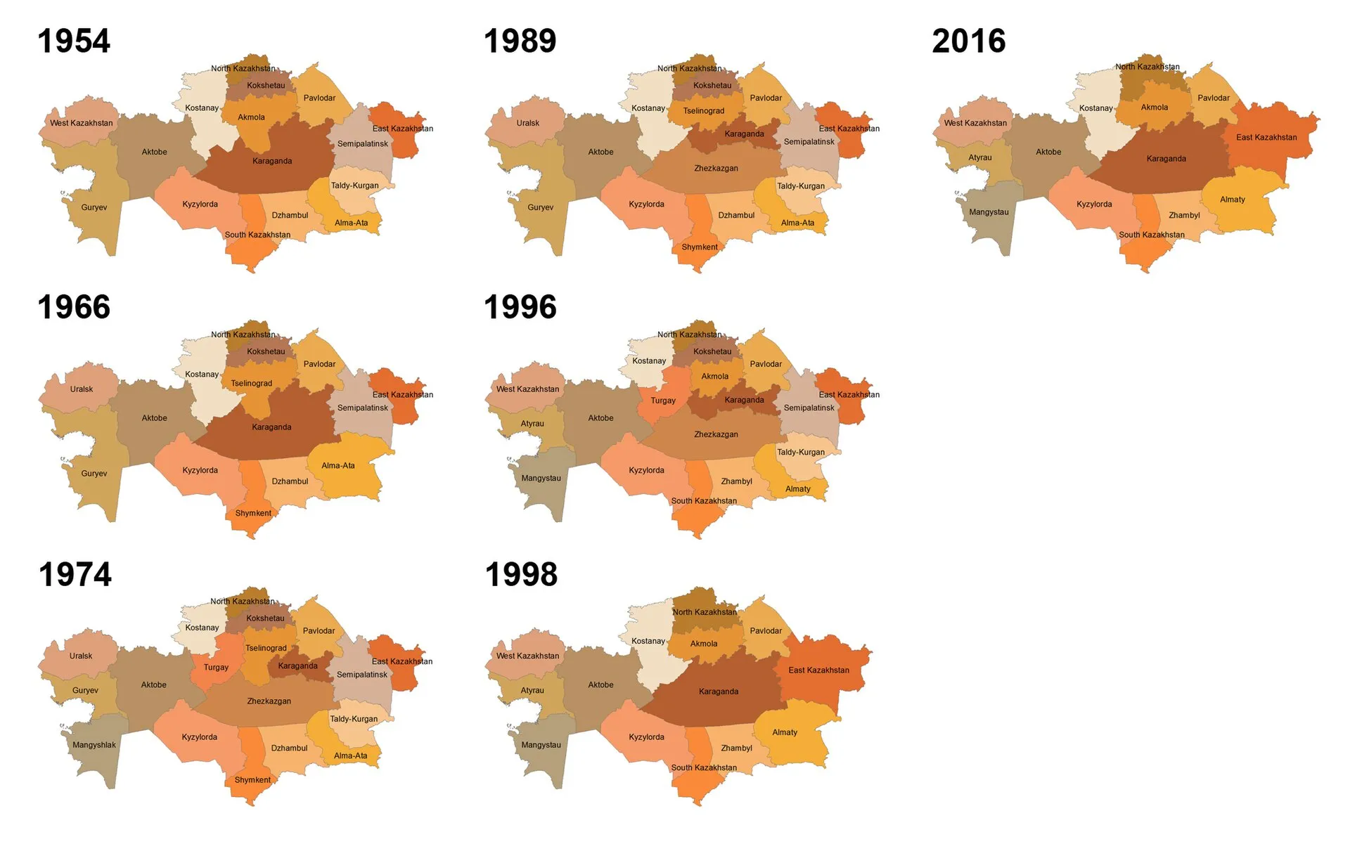 Change of Kazakh Oblast names and boundaries over time