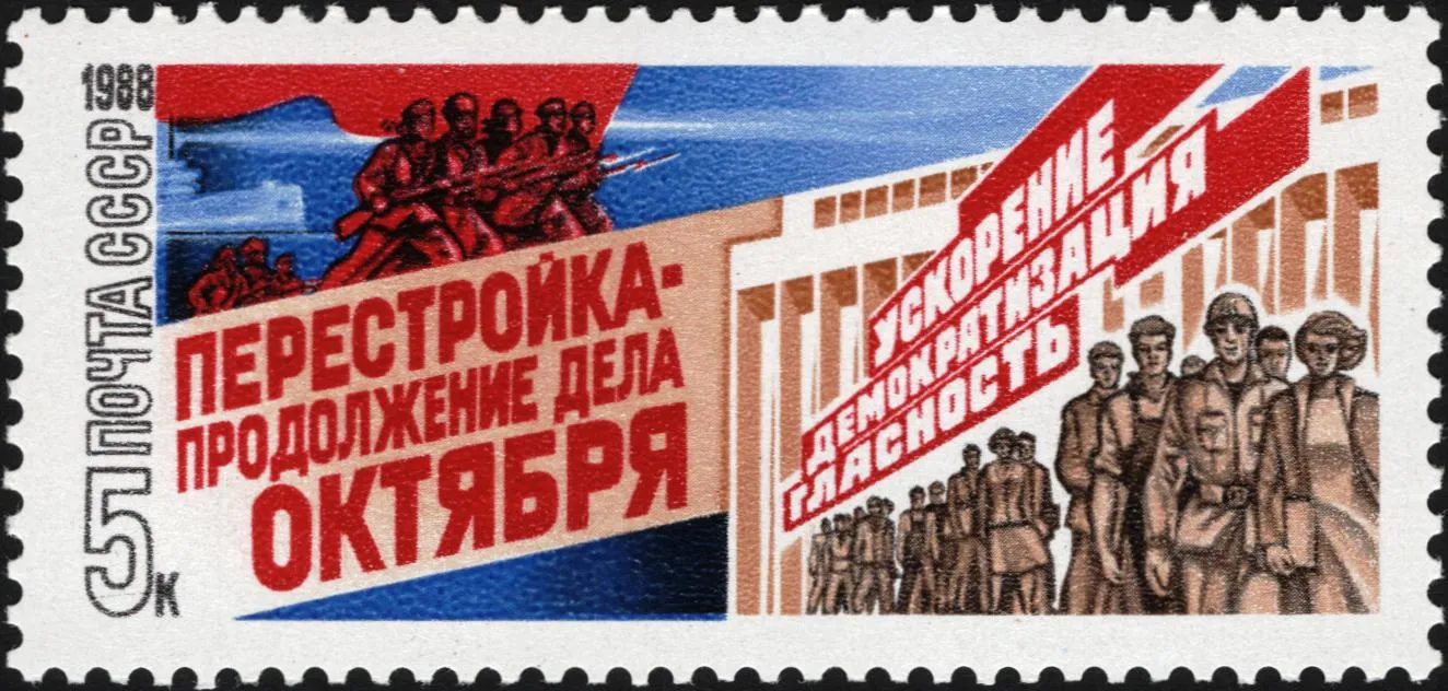 Perestroika (reformation). Workers and slogans: “Uskoreniye (Speeding Up)”, “Democratization” and “Glasnost” against State Kremlin Palace. Cruiser Aurora and revolutionary soldiers.