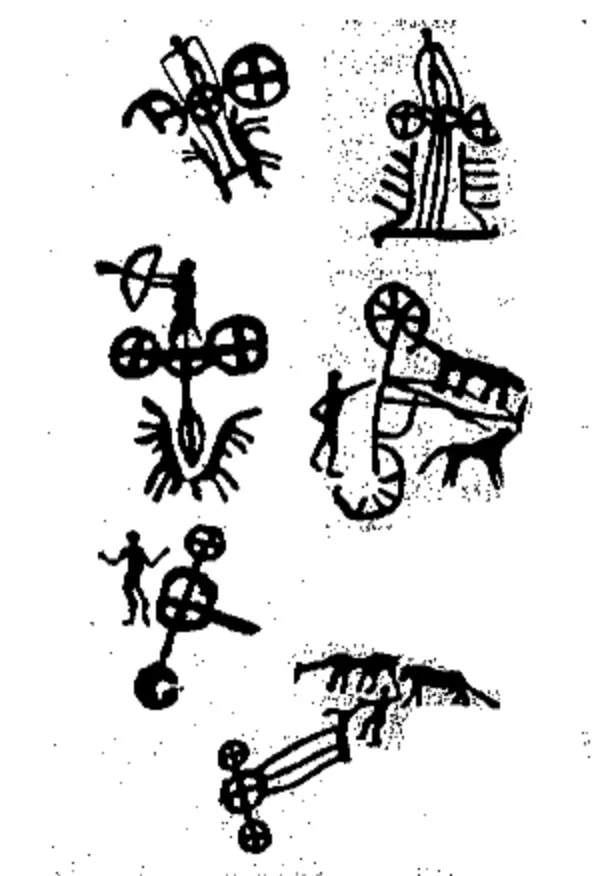 Karatau′s petroglyphs. Chariots. 2nd millennium BC.