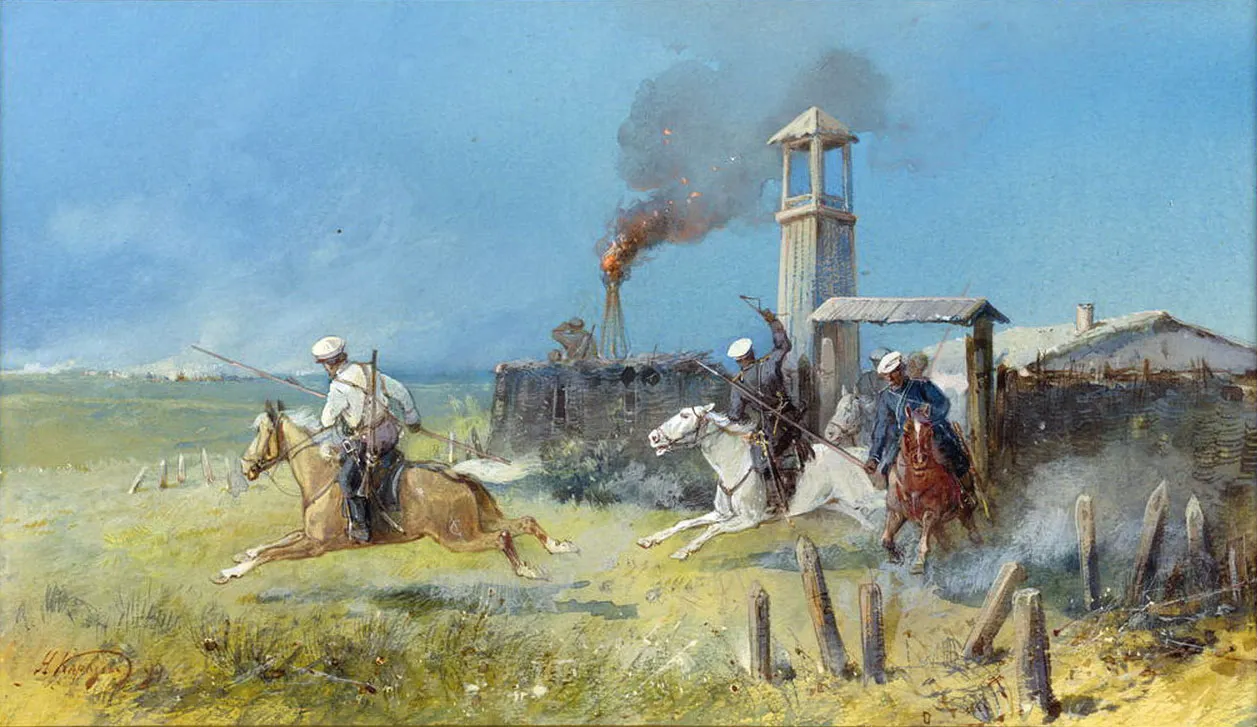 Nikolay Karazin (1842-1908). The Alarm in the fortress redoubt (The attack of Khoqand's on the Cossack settlement Uzun-Agach).