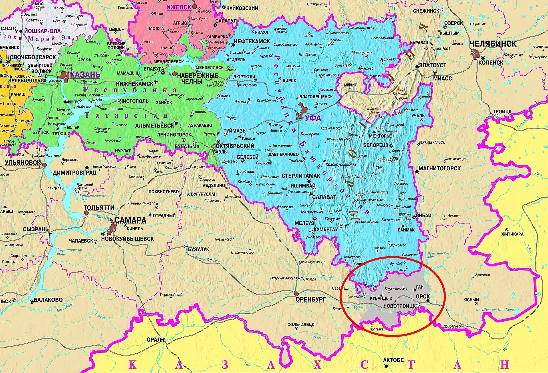 Kuvandyk corridor on the map of the Southern Urals