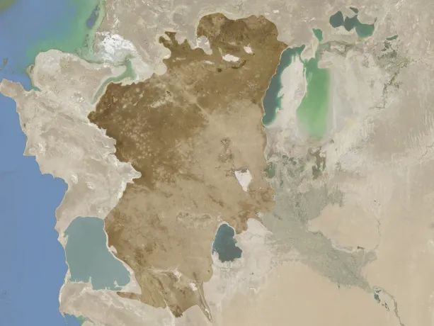 Ustyurt Plateau highlighted between Caspian and Aral seas in Kazakhstan, Uzbekistan and Kyrgyzstan.
