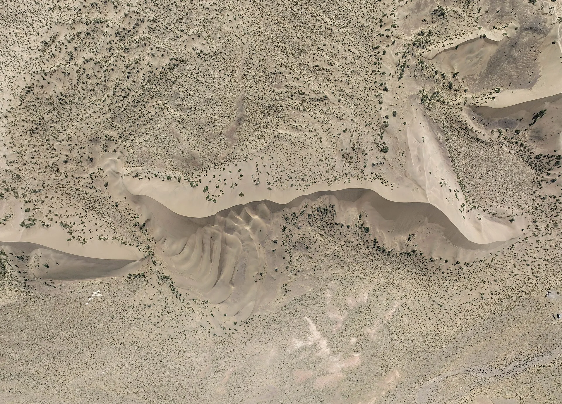 Singing sand dune photographed from above. Kerbulak District, Jetisu Region, Kazakhstan.