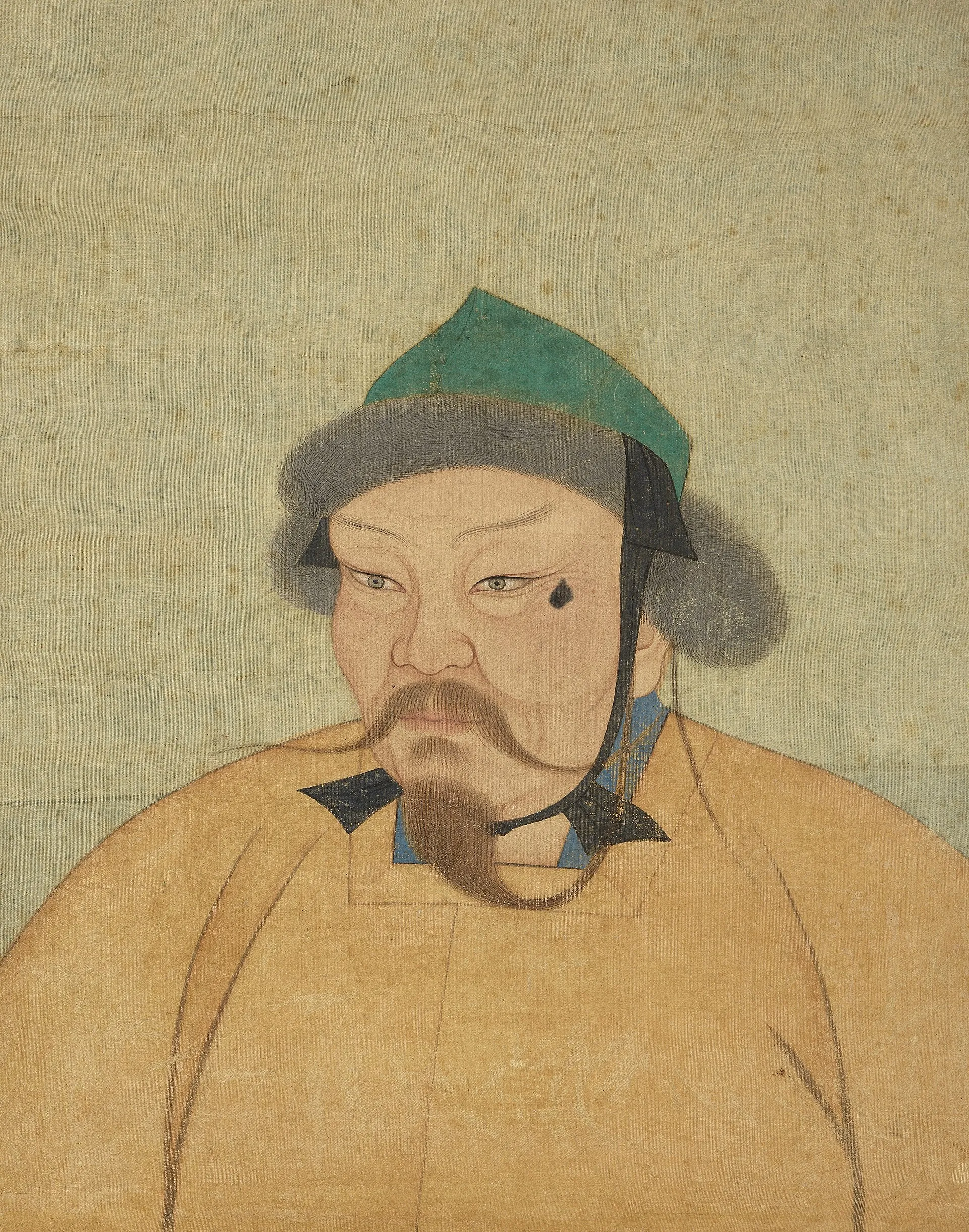 Ögedei Khan. Portrait cropped out of a page from an album depicting several Yuan emperors (Yuandai di banshenxiang), now located in the National Palace Museum in Taipei (inv. nr. zhonghua 000324). Original size is 47 cm wide and 59.4 cm high. Paint and ink on silk.